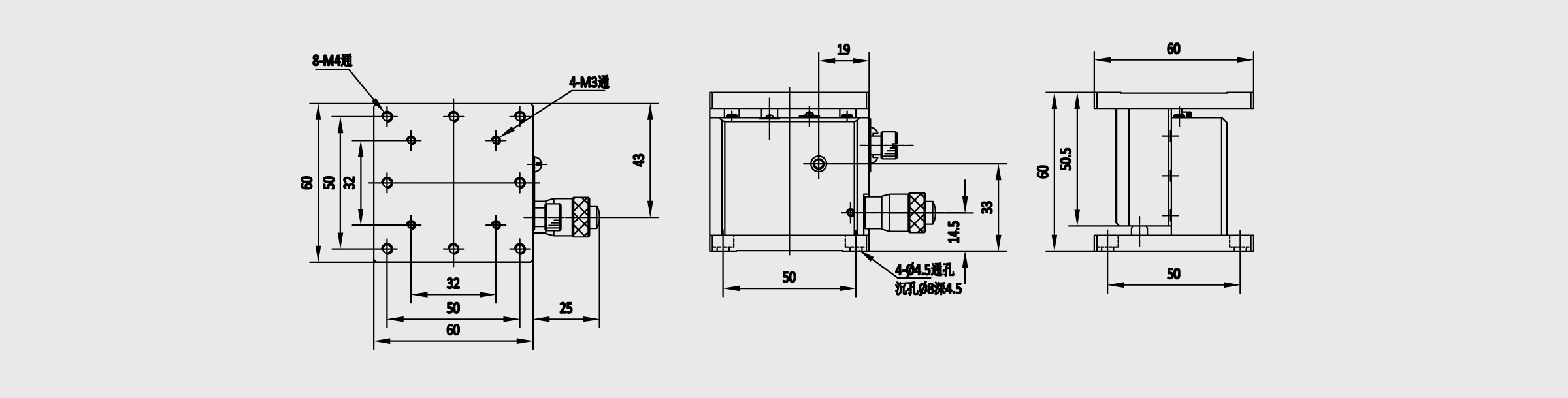 水平Z轴交叉滚柱式手动位移台不锈钢 台面尺寸60×60mm 行程±3mm