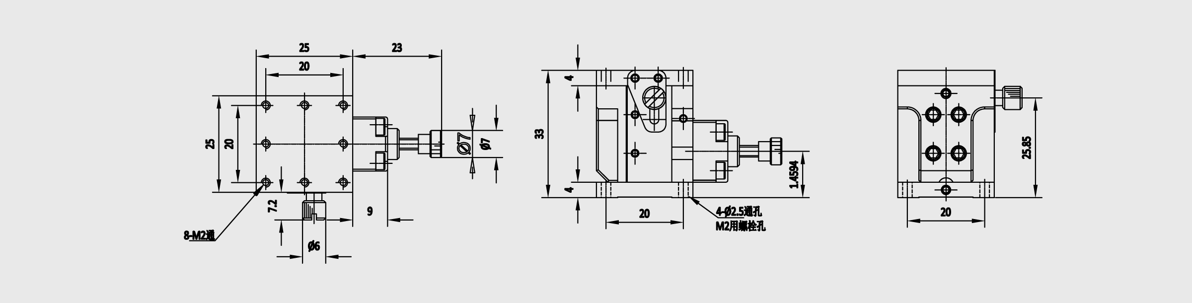水平Z轴交叉滚柱式丝杠进给手动位移台 台面尺寸25×25mm 行程±2mm