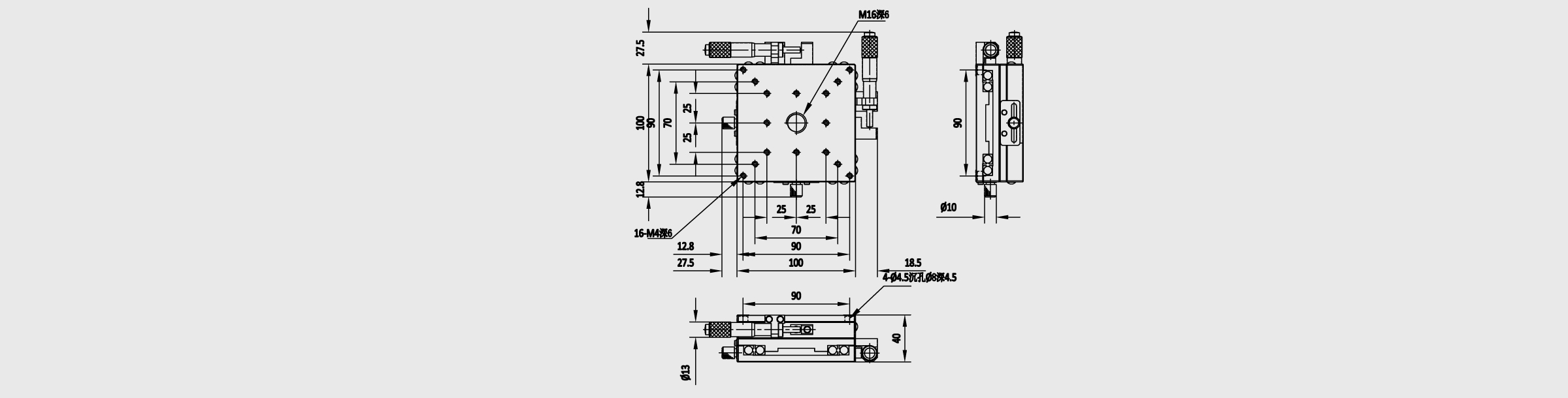XY轴交叉滚柱式手动位移台 台面尺寸100×100mm 行程±12.5mm