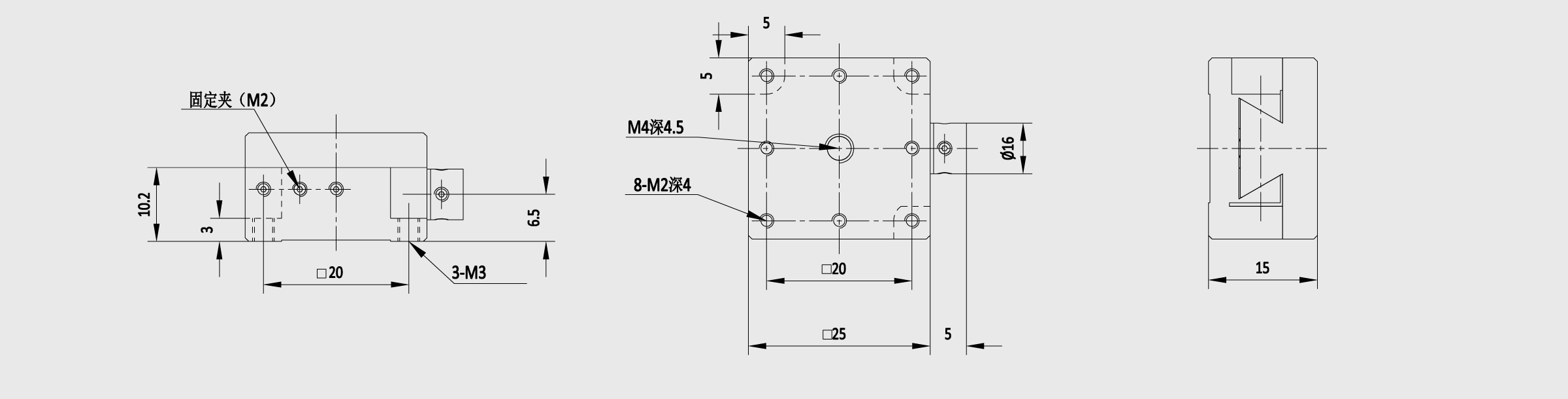 X轴丝杆进给燕尾槽式手动位移台 台面尺寸25×25mm 行程±3mm 内六角扳手调节 铝合金（黑色阳极氧化）