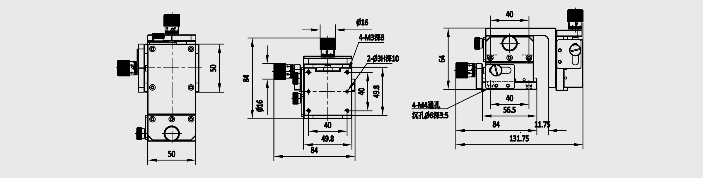 XYZ轴长行程燕尾槽式手动位移台 台面尺寸49.8×49.8mm 行程15mm