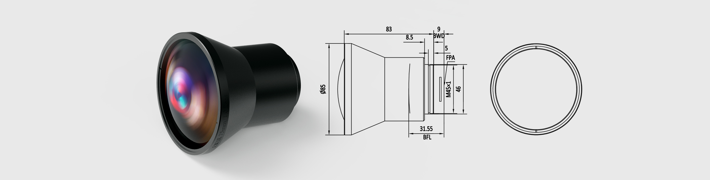 定焦远红外镜头 焦距75mm 分辨率1280×1024 M45接口