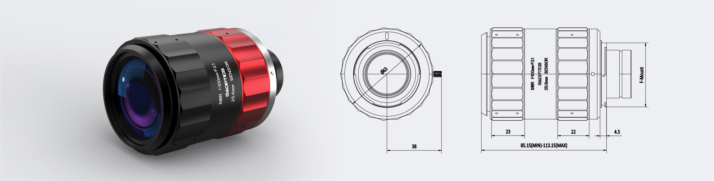 SWIR镜头 焦距100mm 像面25.6mm 800-1800nm F接口