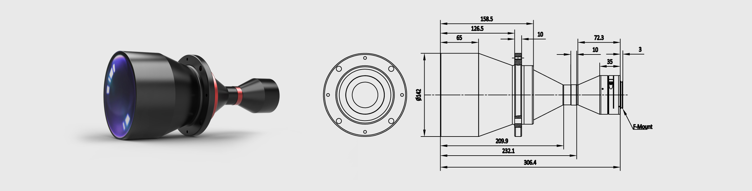 双远心镜头 0.264× Φ110mm 工作距离263mmm 1.75″
