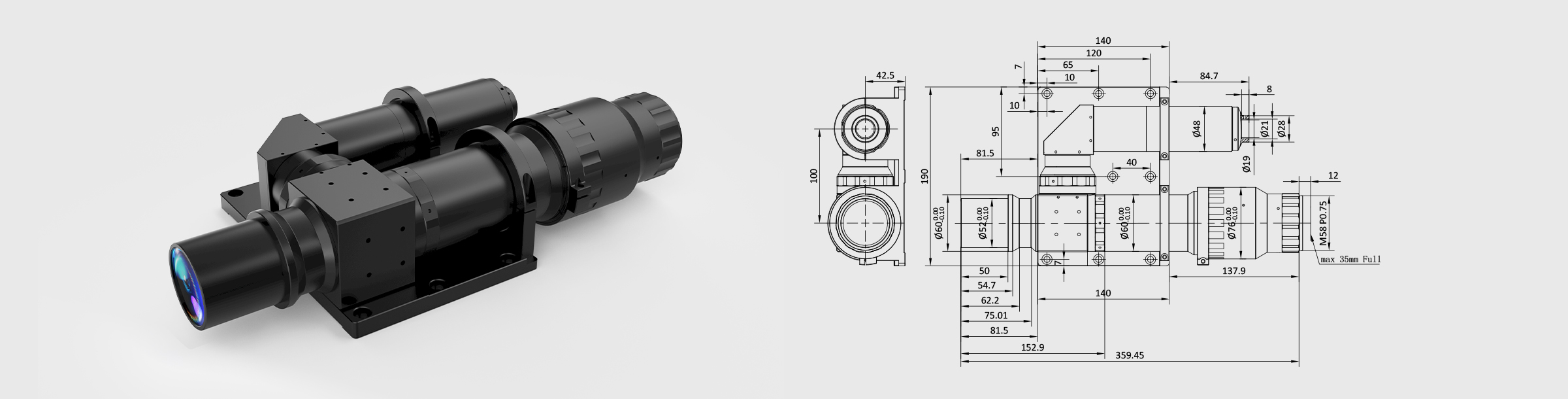 大靶面远心镜头 3.0× 工作距离60mm 靶面35 同轴