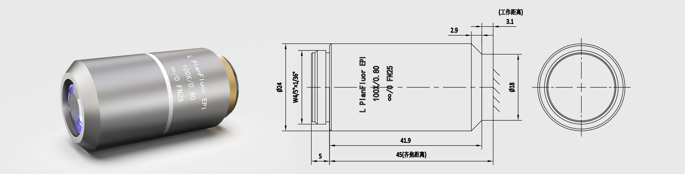 齐焦45mm 长工作距离明场半复消色差物镜 100×