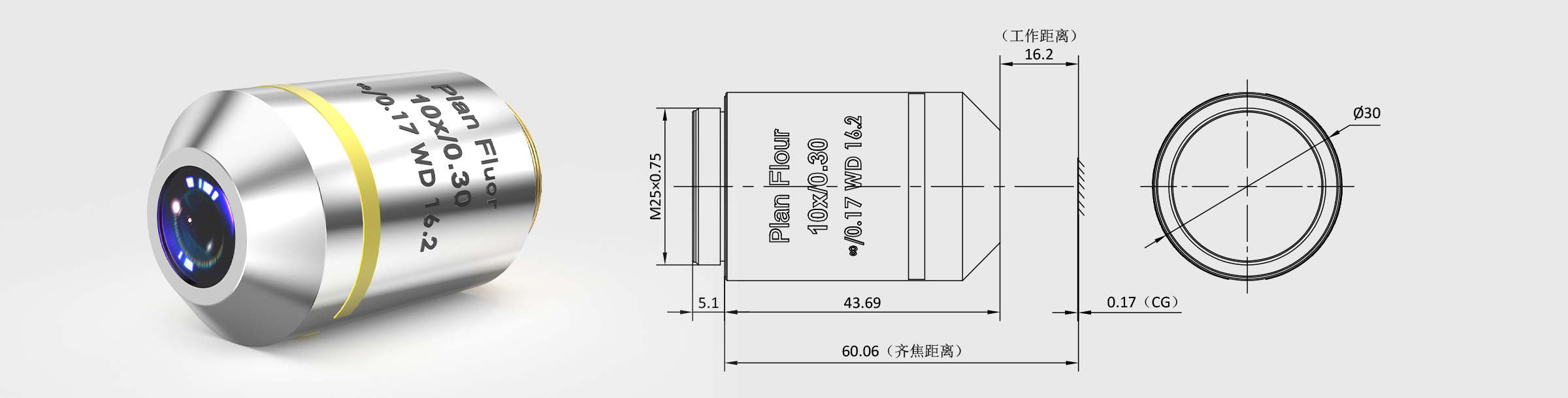 10× 齐焦60mm平场半复消色差生物物镜
