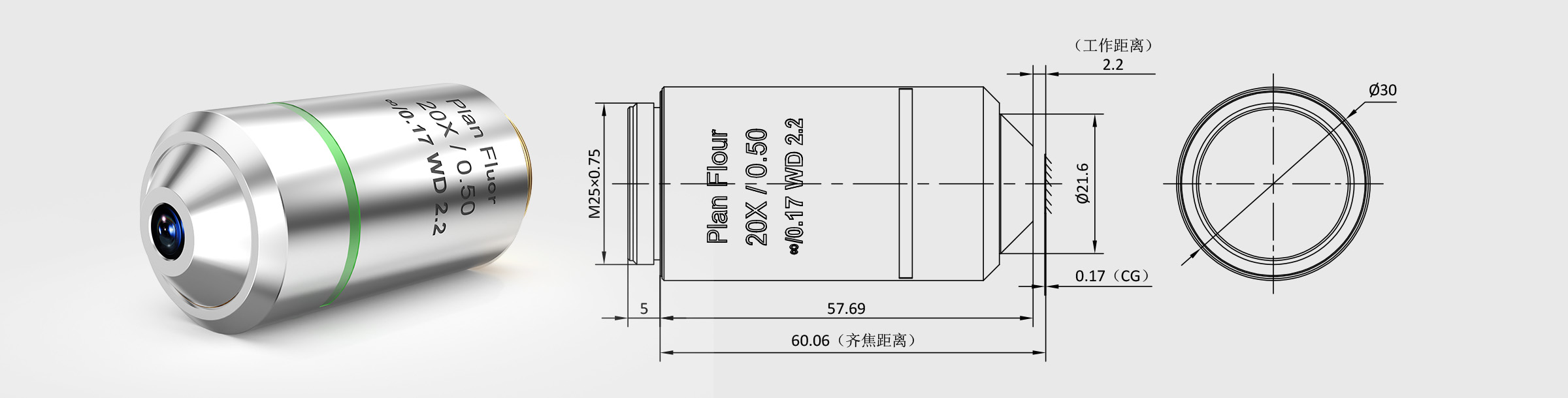 20× 齐焦60mm平场半复消色差生物物镜