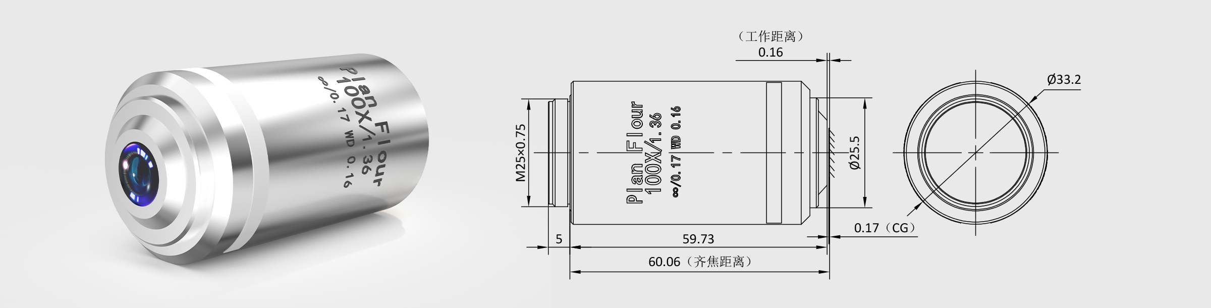 100× 齐焦60mm平场半复消色差生物物镜