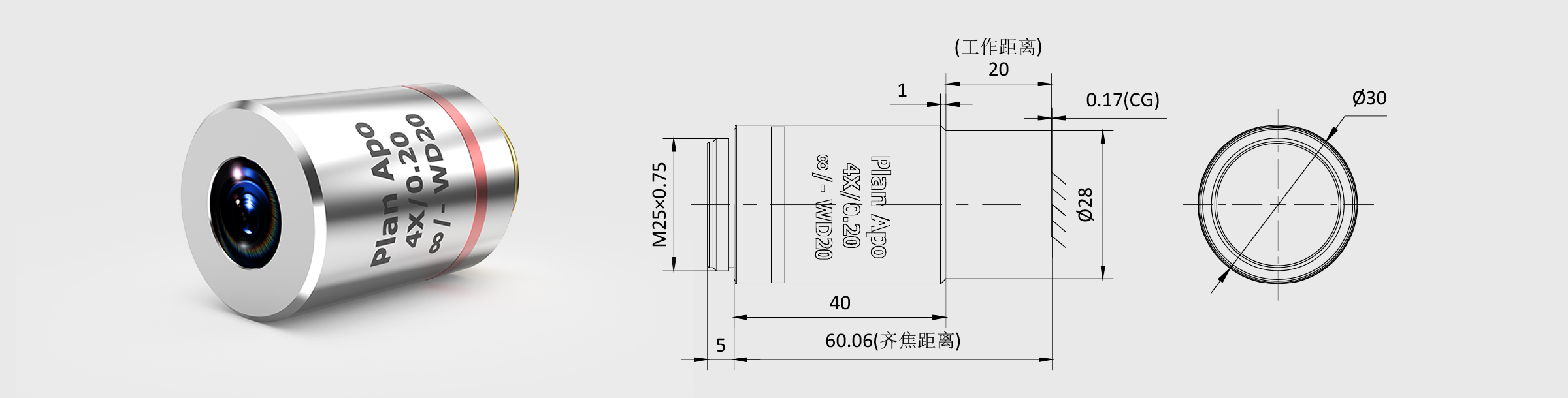 4× 齐焦60mm平场复消色差生物物镜