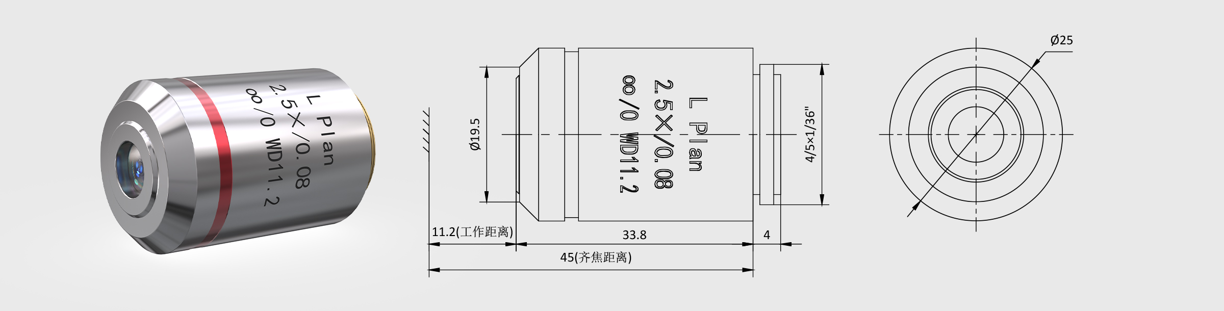 CE 2.5× f180 齐焦45mm 明场消色差 金相物镜
