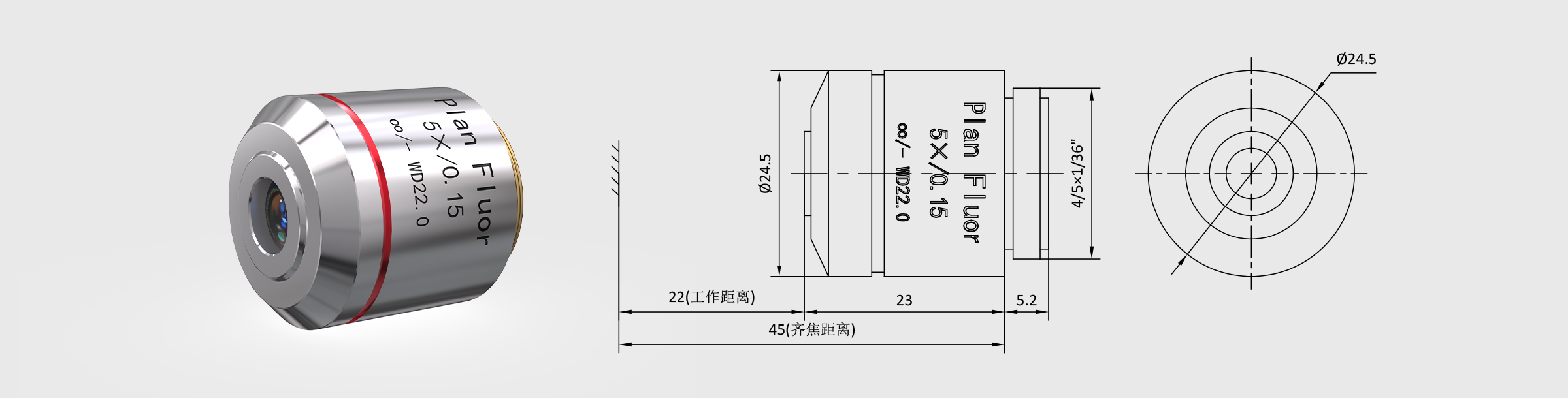 CE 5× f180 齐焦45mm 明场复消色差 金相物镜