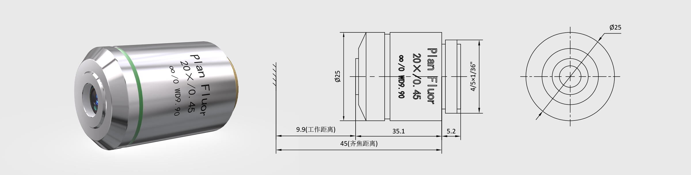 CE 20× f180 齐焦45mm 明场复消色差 金相物镜
