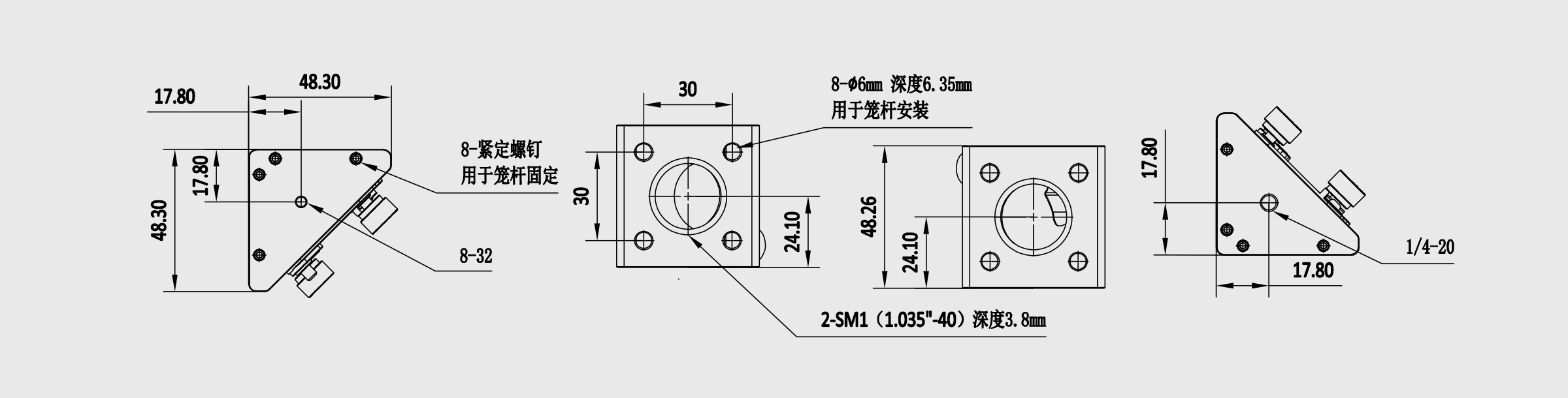30mm笼式45°安装调整架 笼杆顶丝固定 8-32/1/4-20螺孔