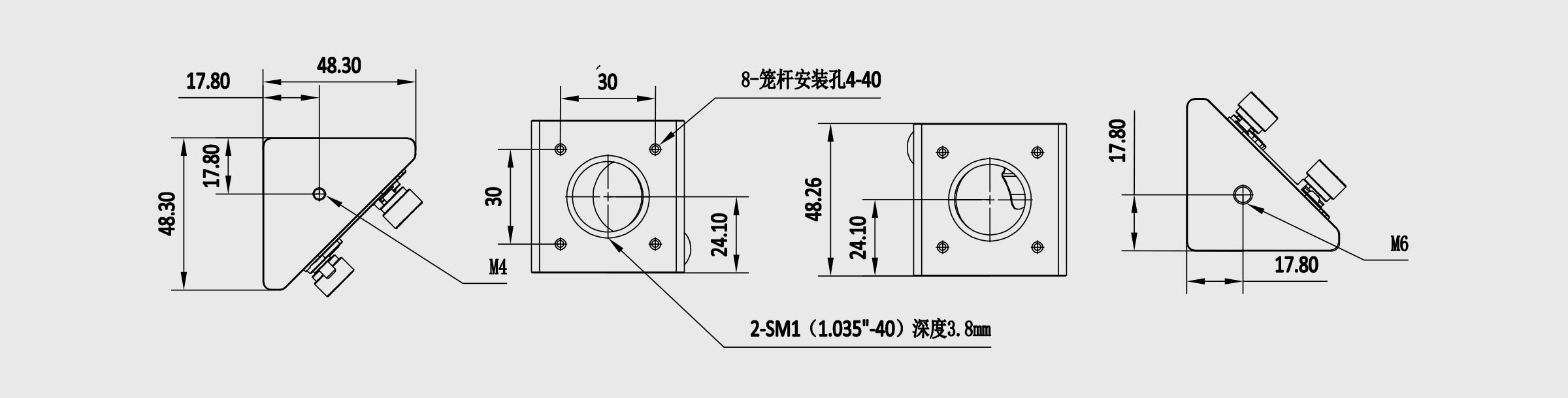 30mm笼式45°安装调整架 笼杆4-40螺孔安装 M4、M6螺孔