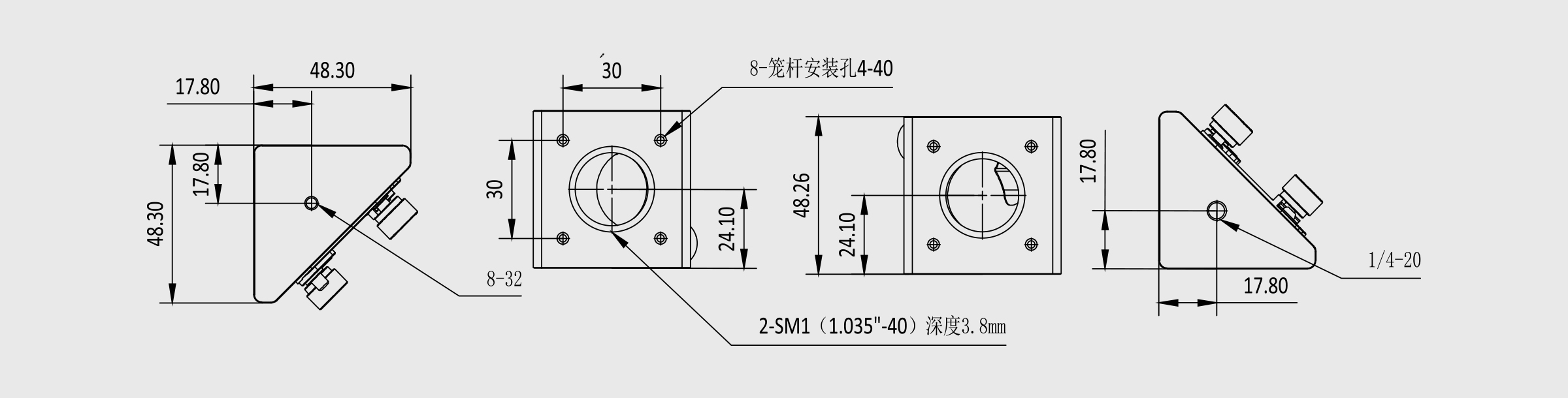 30mm笼式45°安装调整架 笼杆4-40螺孔安装 8-32/1/4-20螺孔
