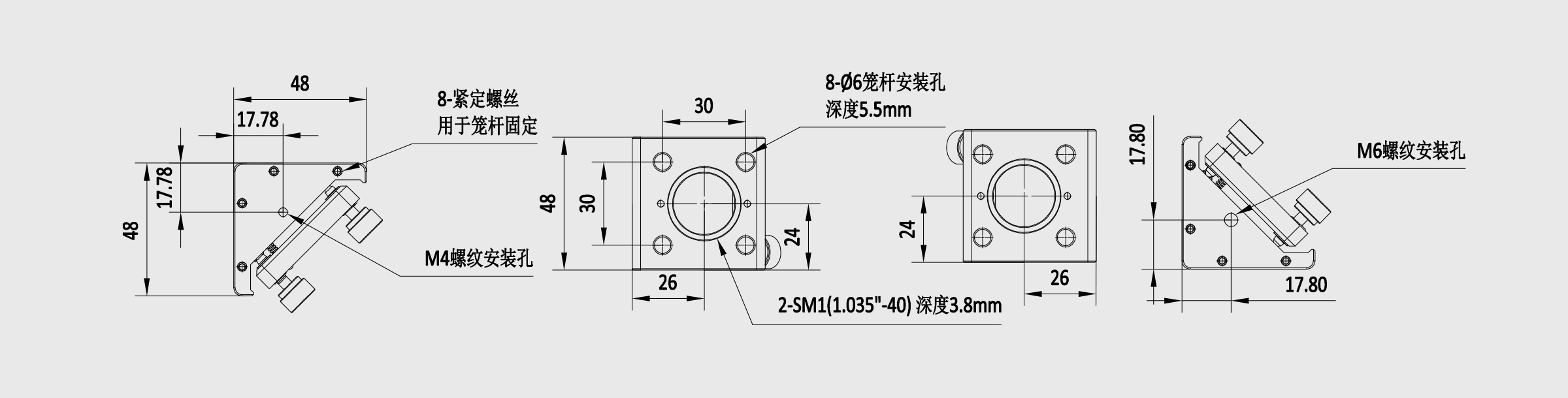 30mm笼式系统直角光学镜架 Φ6mm笼杆安装孔