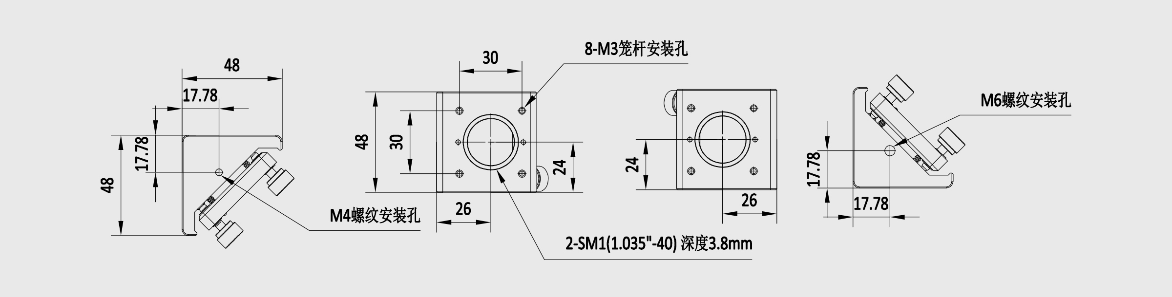 30mm笼式系统直角光学镜架 M3笼杆安装孔