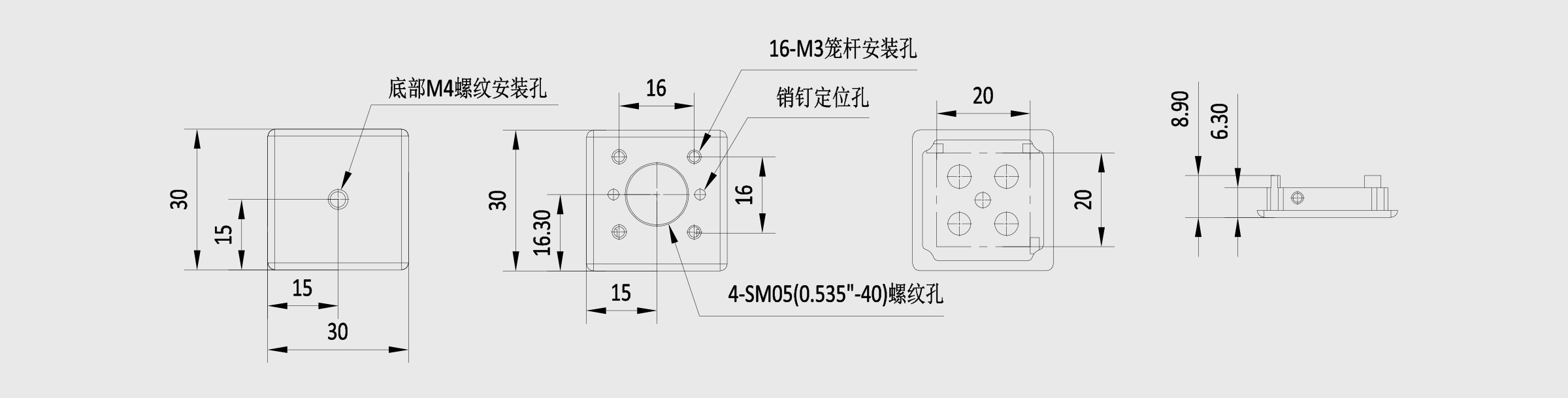 16mm笼式立方体 螺纹规格M4螺纹孔