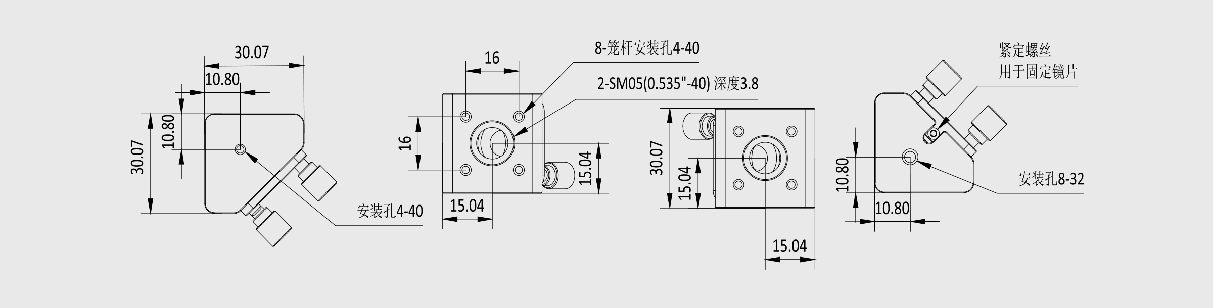 16mm笼式直角反射镜 螺纹孔规格4-40/8-32