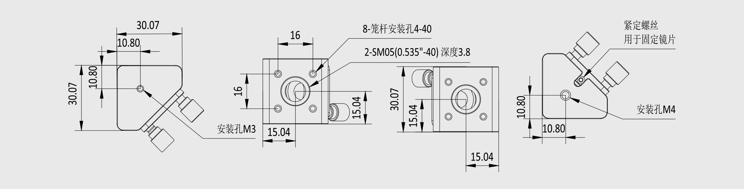 16mm笼式直角反射镜 螺纹孔规格M3/M4/4-40