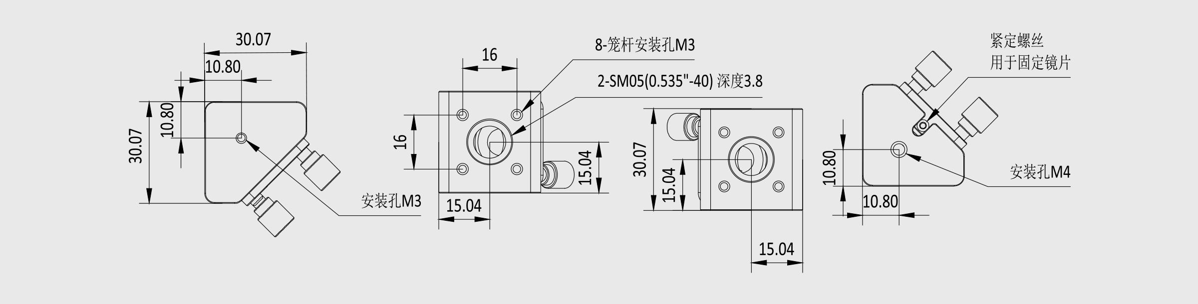 16mm笼式直角反射镜 螺纹孔规格M3/M4
